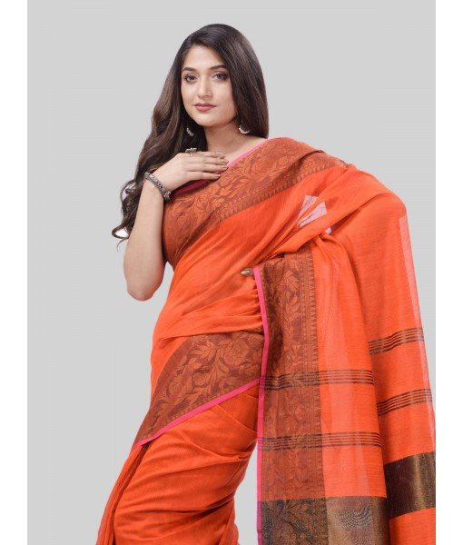 DESH BIDESH Women`s Cotton Handloom Cotton Silk Saree Gulab Work With Blouse Piece(Orange)